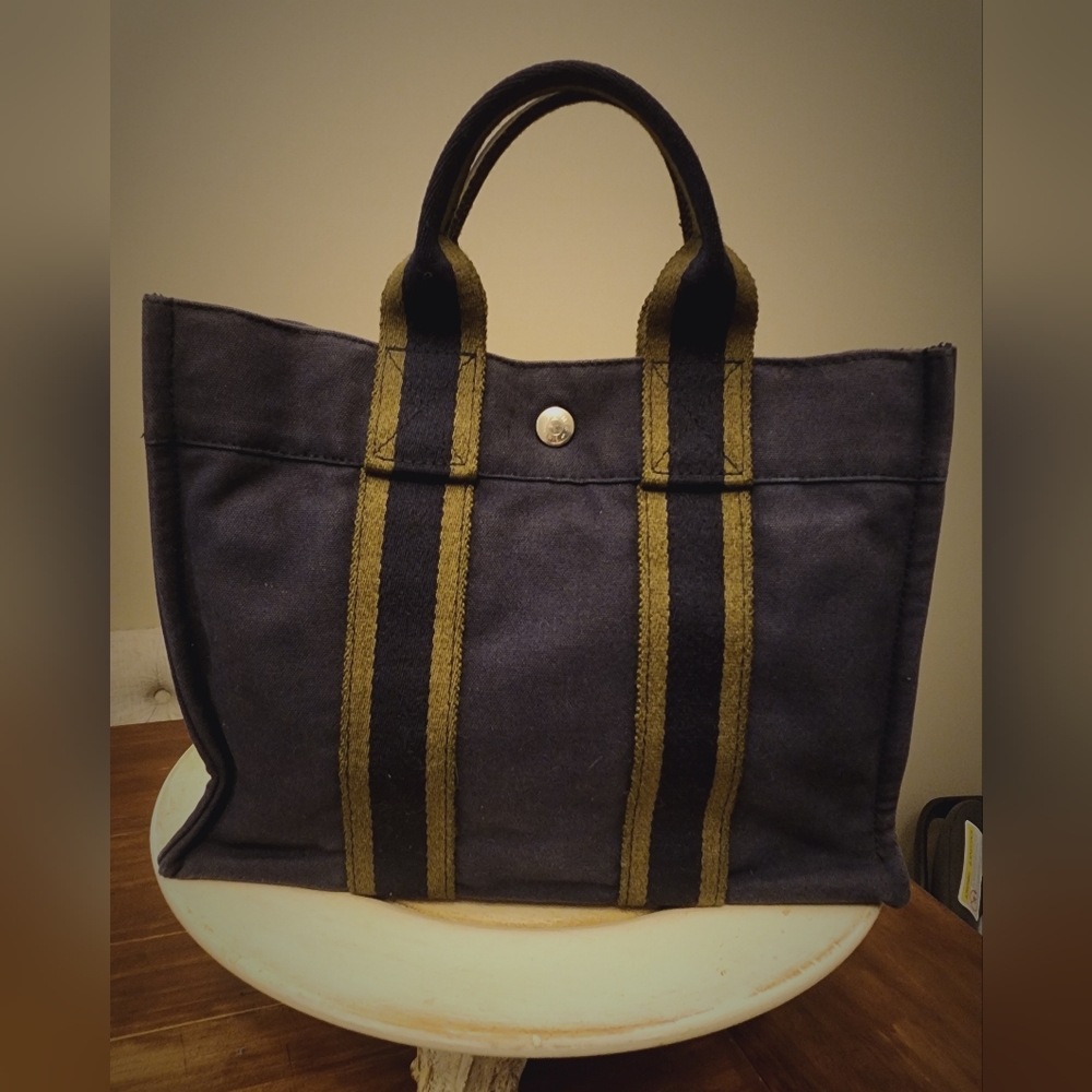 Hermes Navy Blue/Green Canvas Herline PM Tote Bag